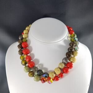 VOGUE Beaded Necklace, Orange Green Multicolor Beads, Mid-Century 1960s Vintage